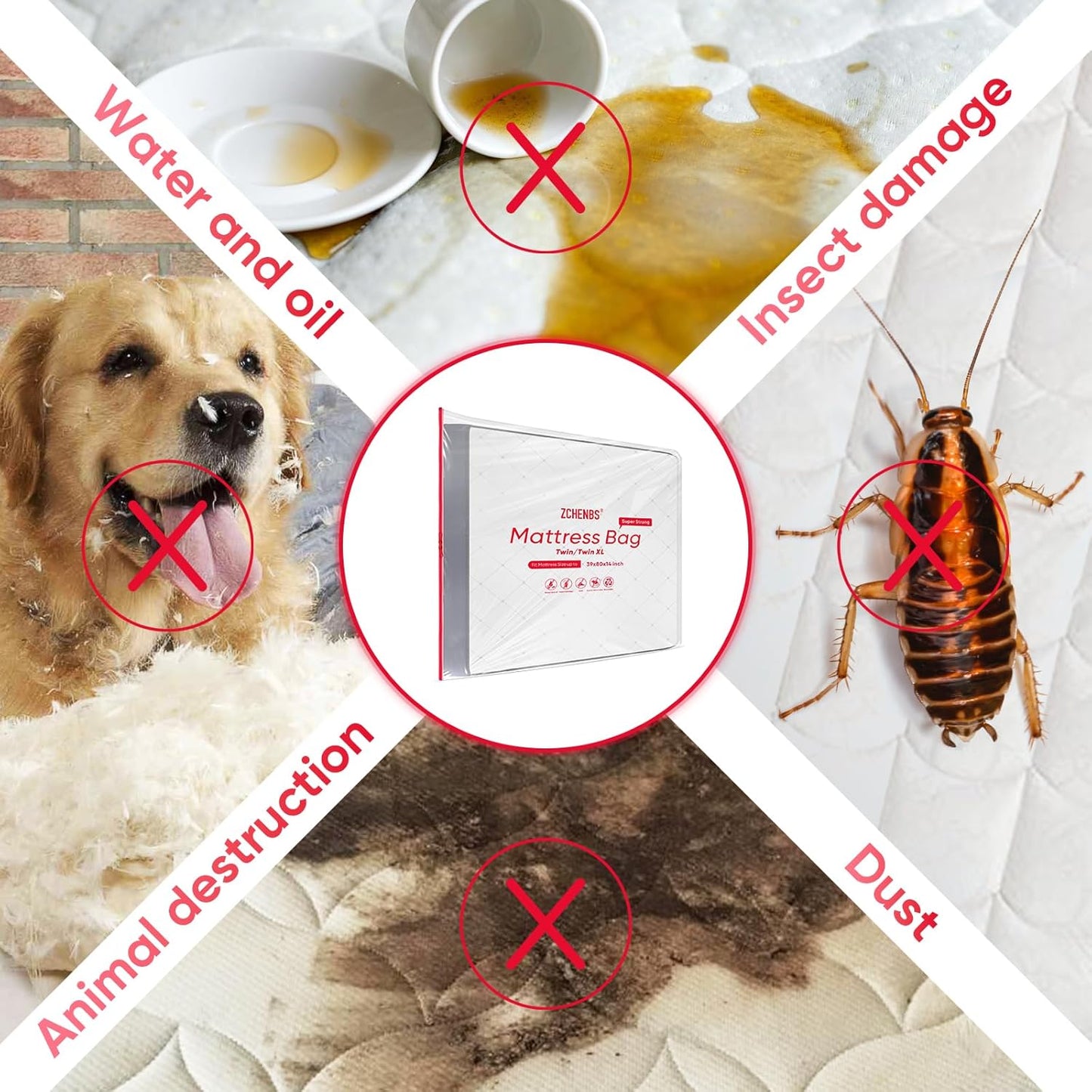 ZCHENBS® – Mattress Bags for Moving and Storage,Mattress Bag with Zippers,5 Mil Ultra-Thick Bed Bag,Waterproof,Anti-Tear,Heavy-Duty Mattress bag (Transaparent/Red, Twin/Twin XL-(2 Pack))