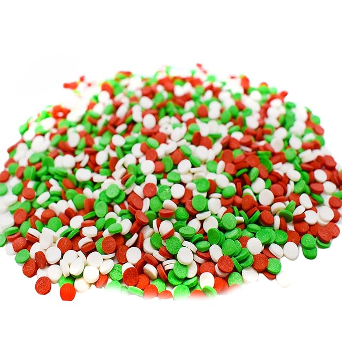Confetti Christmas Sprinkles - 8 oz Resealable Stand Up Candy Bag - Christmas Themed Holiday Sprinkle Mix - White, Green, and Red Quins - Bulk Sprinkles for Baking and Decorating