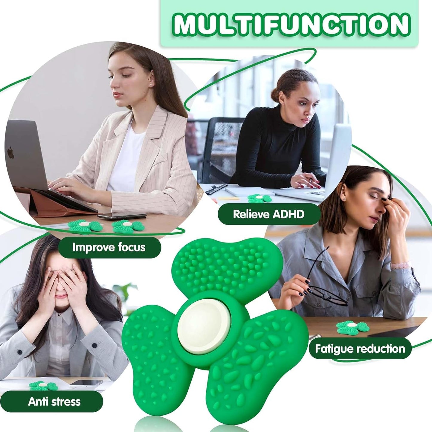 Fidget Spinners for Kids, Trefoil Fidget Toys Adults Sensory Stone, Green Textured Worry Stone Boys Girls, Office Desk Sensory Toy Classroom Prize Gifts