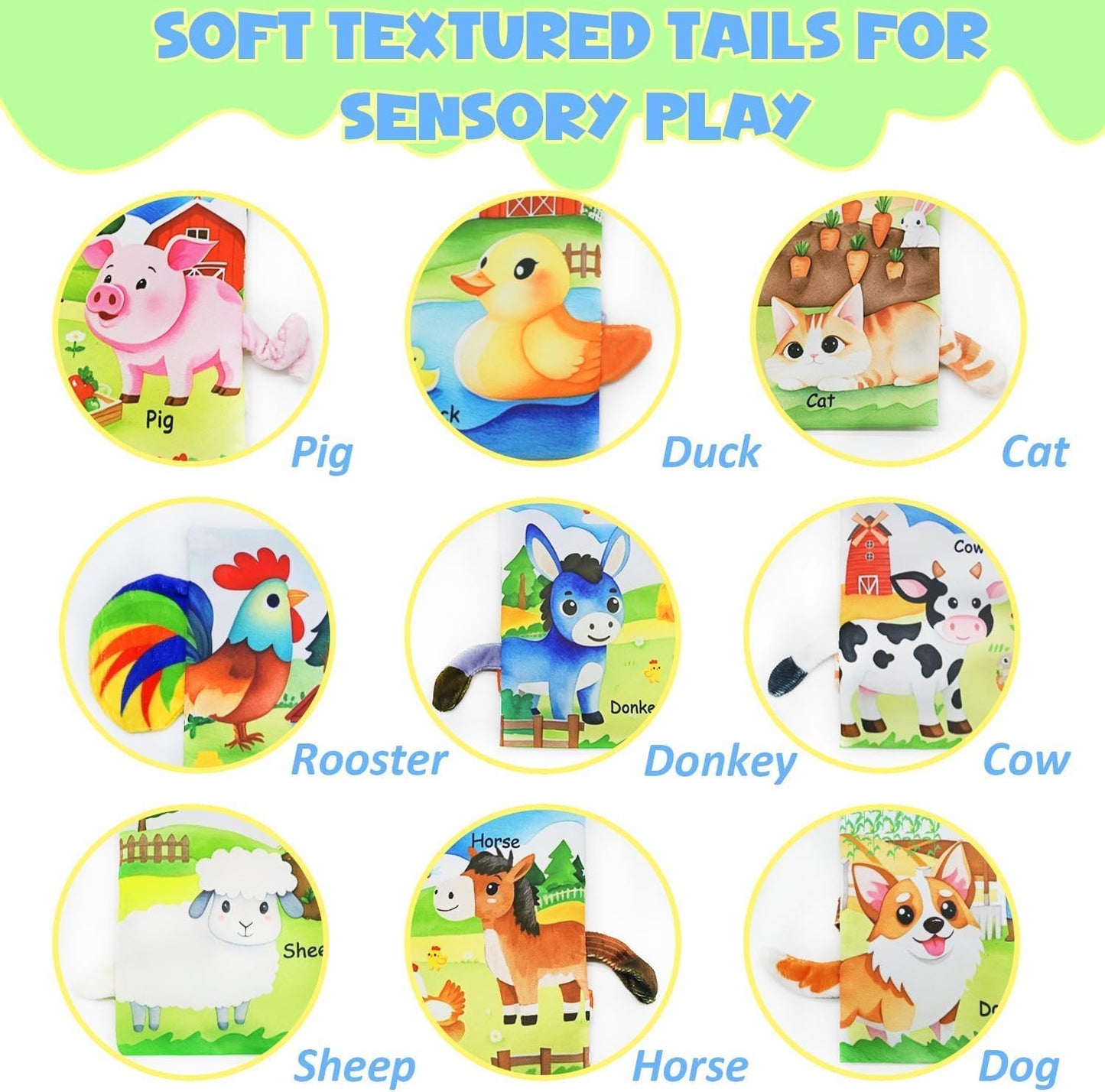 Farm Crinkle Books for Babies with 10 Finger Puppets Set, Touch and Feel Cloth Soft Farm Animal Tail Book with BiBi & Teething Toy, Puppets for Kids Ages 4-8, Baby Shower Birthday Gifts