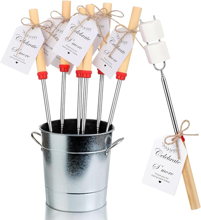 6 Sets S'mores Party Favor Includes Smores Sticks for Fire Pit Celebrate Smore Birthday Party Favors Tags with String Extendable Marshmellow Sticks Smores Skewers for Wedding Camping