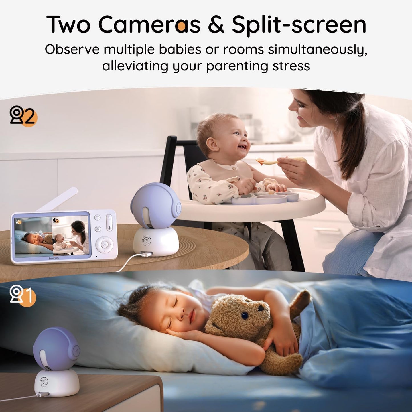 BOIFUN Additional Baby Camera Specifically Compatible with Baby2TM Video Baby Monitor, 360° Camera with Night Light, Auto Tracking, AI Motion & Sound Detection, Two-Way Audio