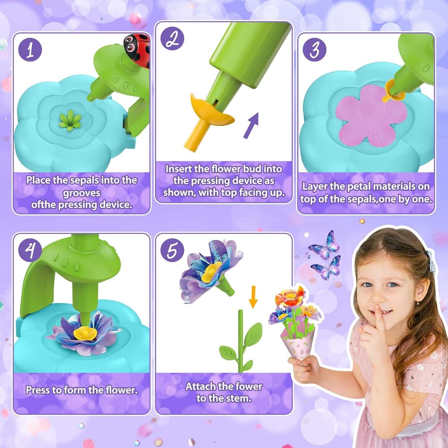 KLAPTOR Arts and Crafts for Kids Ages 4-6: Toys for Ages 5 6 7 8 9 – Birthday Gifts & Craft Set for Girl Age 3-9 - DIY 30+ Flower Bloom Maker with Music Light Base Vase Fridge Magnets Cards