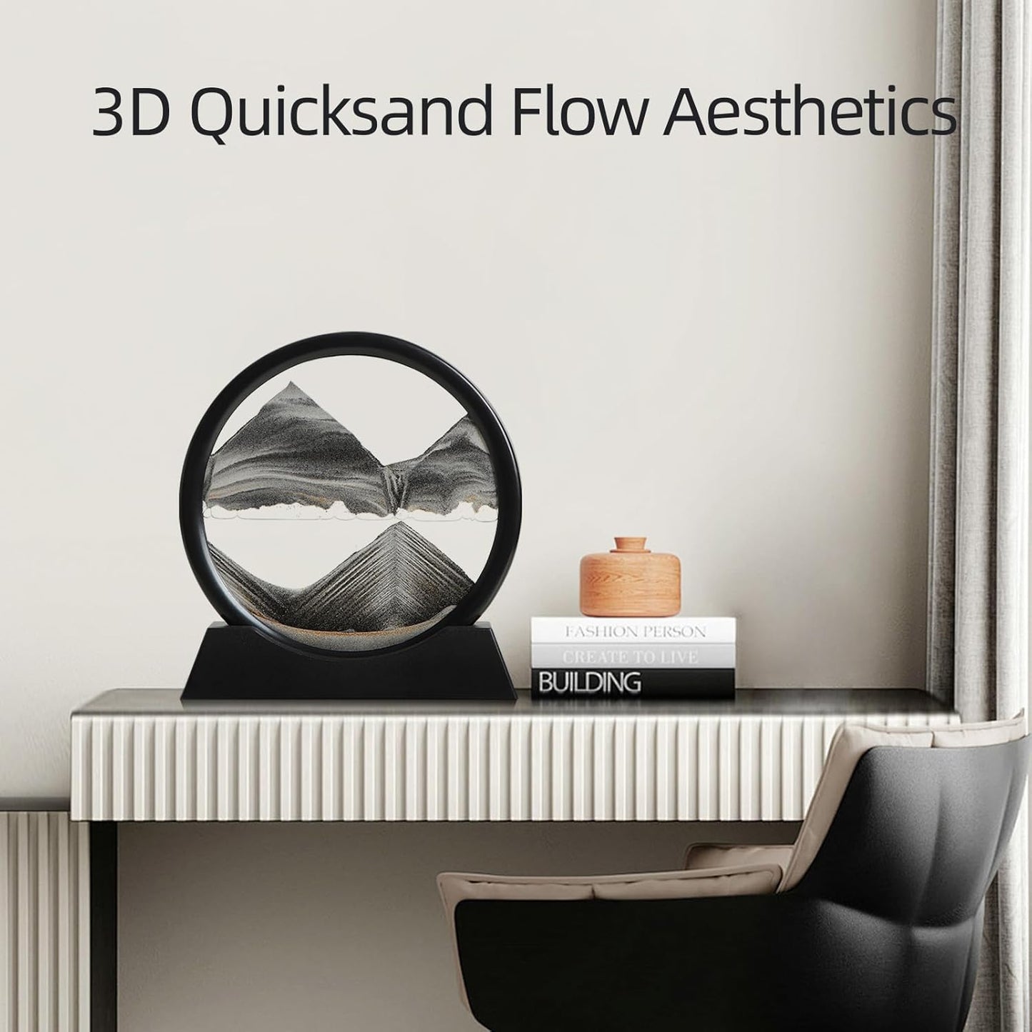 KPNUWN Moving Sand Art Liquid Motion, 3D Deep Sea Sandscape Color Quicksand Decor, Round Glass Moving Sand Art Picture Relaxing Desktop Home Office Work Decor (7 inch-Black)