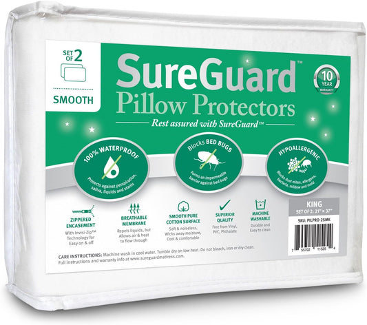 Set of 2 King Size SureGuard Pillow Protectors - 100% Waterproof, Bed Bug Proof, Hypoallergenic - Premium Zippered Cotton Covers - Smooth