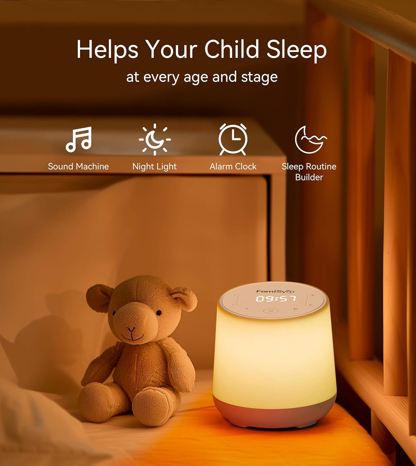 FamiSym White Noise Machine for Baby & Kids, Nursery Night Light & Alarm Clock, Dimmable Clock & Temperature Display, 34 Soothing Sounds, Toddler Sleep Trainer