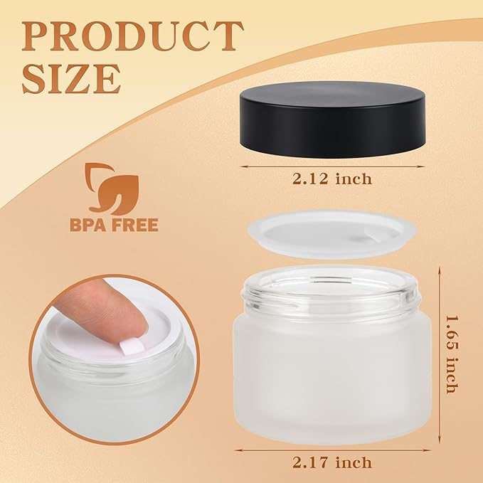 Glass Jars with Lids,Eco-Friendly Cosmetic Containers with Airtight Black Lids & Liners, Multi-Color Options for Cream, Lotion, Body Butter, DIY Skincare Travel Jars (Clear Frosted, 2oz)