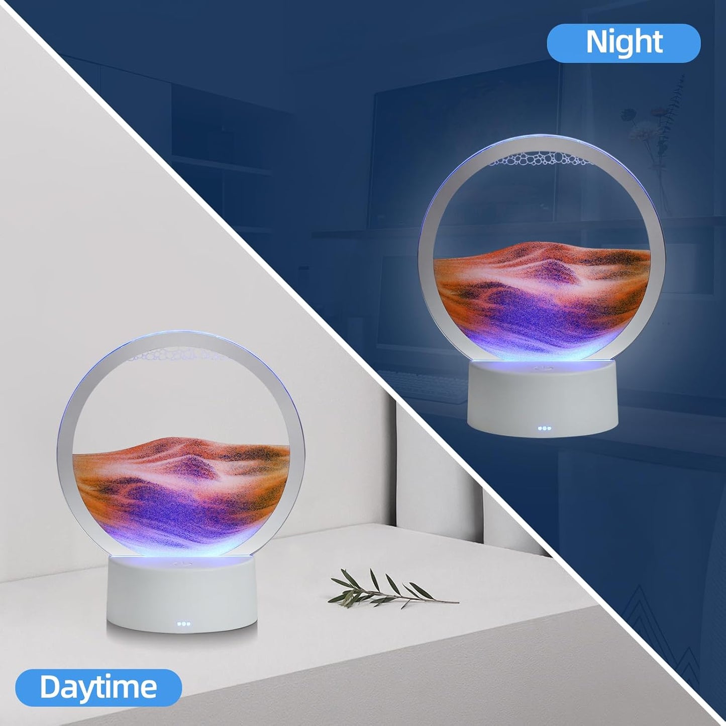KPNUWN Moving Sand Art Liquid Motion, 3D Deep Sea Sandscape Color Quicksand Decor, Round Glass Moving Sand Art Picture Relaxing Desktop Home Office Work Decor (7 inch-Orange Light)