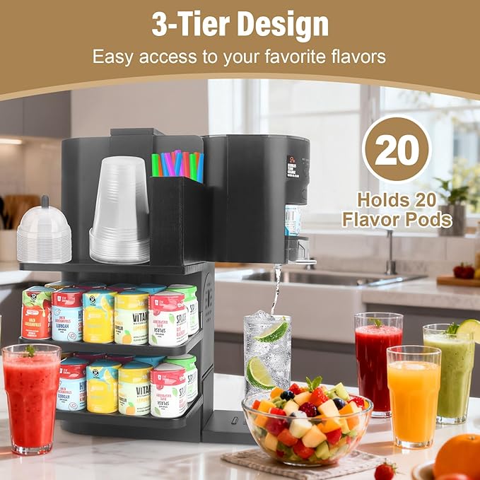 Flavor Pods Holder Compatible With Ninja Thirsti,4-in-1 Flavor Storage Holder with Straw Slot & Cup and Lid Storage,Side-Mounted Wooden Organizer Holds 20 Pods for Ninja Thirsti WC1001 Drink System