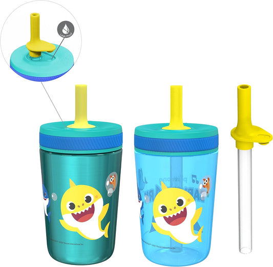 Zak Designs Baby Shark Kelso Tumbler Set, Leak-Proof Screw-On Lid with Straw, Bundle for Kids Includes Plastic and Stainless Steel Cups with Bonus Sipper (3pc Set, Non-BPA)15 fl oz.