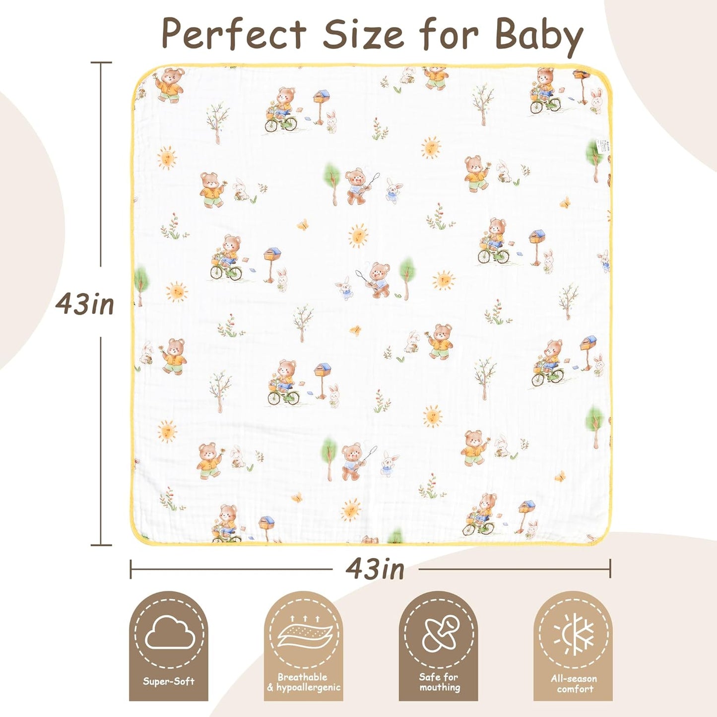 Luxury Muslin Baby Blanket, Cozy Swaddle, 6-Layer Cotton Receiving Blanket for Newborn Infant, 43x43 Inch Lightweight Breathable Crib Blanket, Nursery Stroller Toddler Quilt, Bear Print
