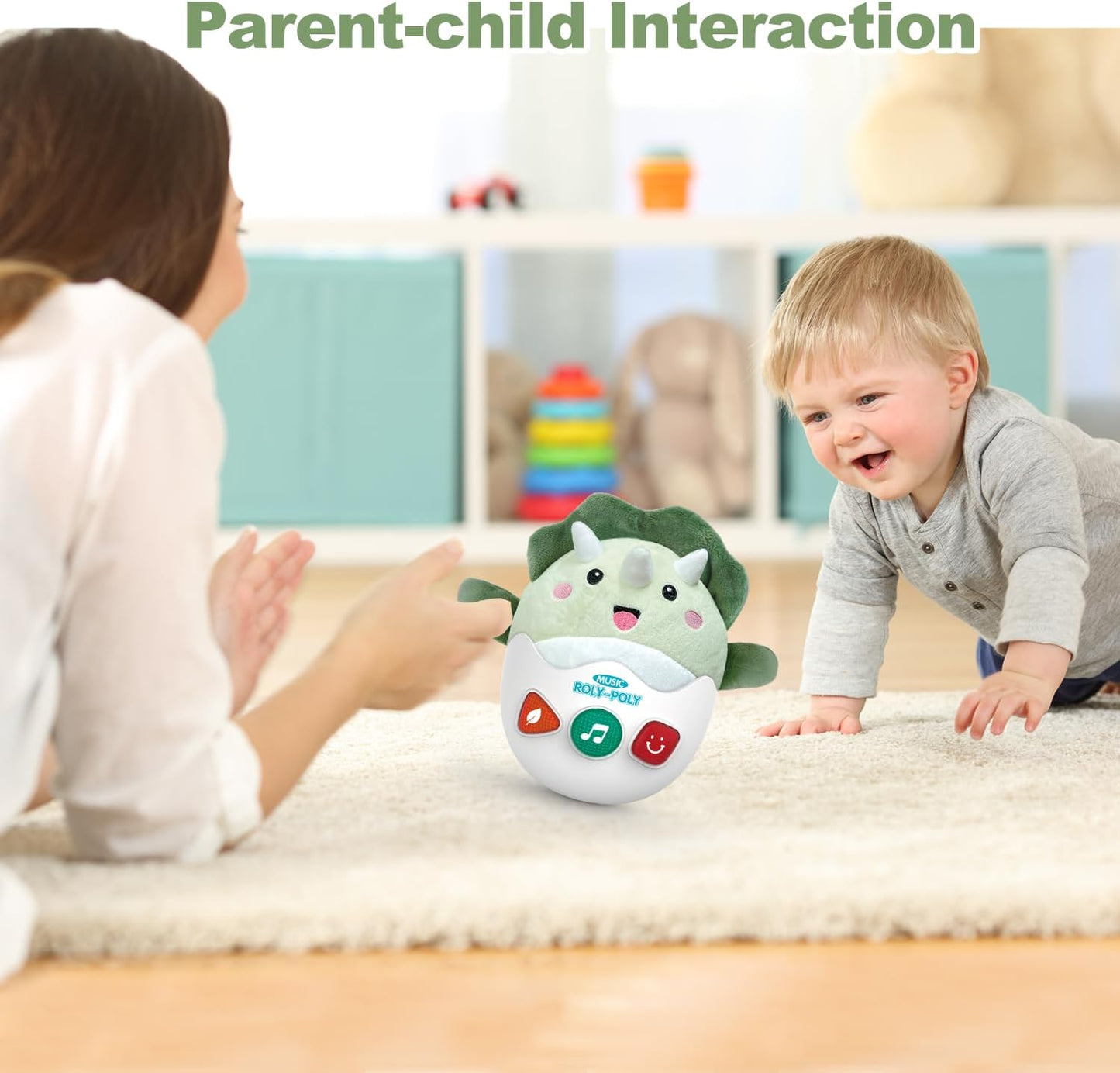 Baby Dinosaur Toys 0-3-6-12 Months, Musical Infant Toys with Light & Sounds, Soft Plush Stuffed Animal, Newborn Boys Girl 1st Birthday Shower Gift, Roly-poly Sensory Tummy Toy Easter Egg Gifts