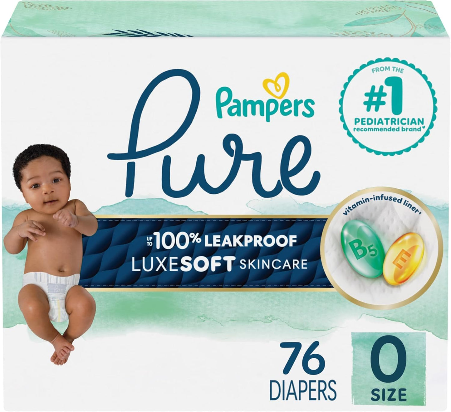 Pampers Pure Protection Baby Diapers, Size 0 (>10 lbs), 76 Count, Up to 100% Leakproof, Premium Plant-Based Skin Protection, Hypoallergenic Soft Diapers