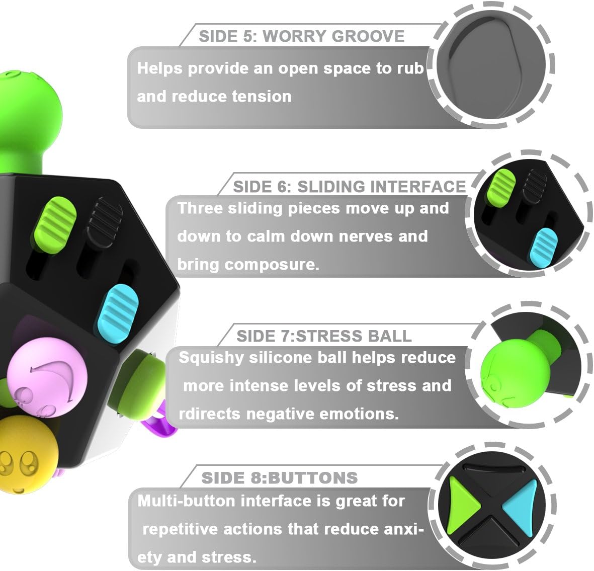Fidget Dodecagon –12-Side Fidget Toys Cube Relieves Stress and Anxiety Anti Depression Cube for Children and Adults with ADHD ADD OCD Autism (B2 Black Colorful)