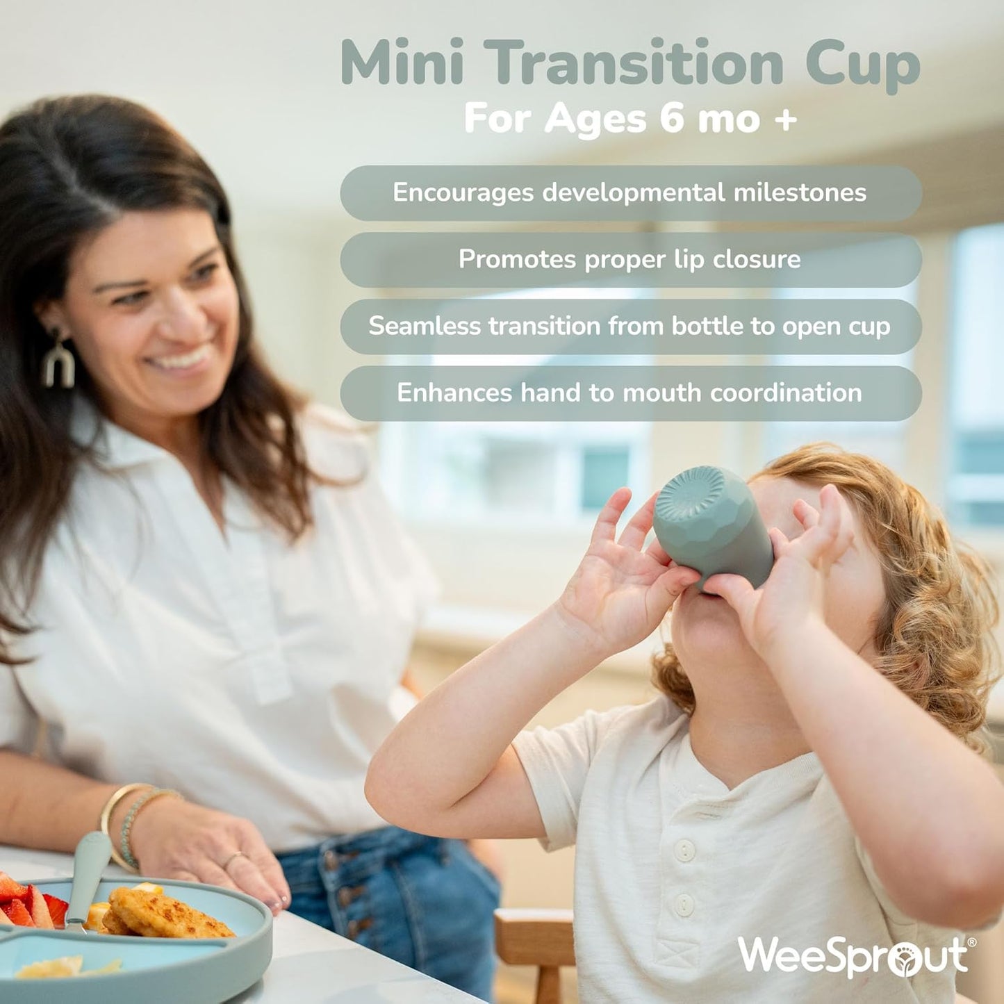 WeeSprout Silicone Baby Training Cups - Set of 2 Soft Silicone Cups - 2 oz Open Cup for Baby 6+ Months - Non-Slip Grip, Weighted Base - Gentle on Gums & Teeth (Pastel Blue & Pastel Coral)