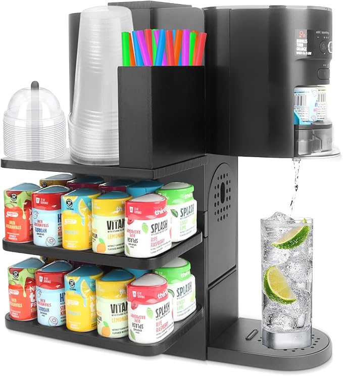 Flavor Pods Holder Compatible With Ninja Thirsti,4-in-1 Flavor Storage Holder with Straw Slot & Cup and Lid Storage,Side-Mounted Wooden Organizer Holds 20 Pods for Ninja Thirsti WC1001 Drink System