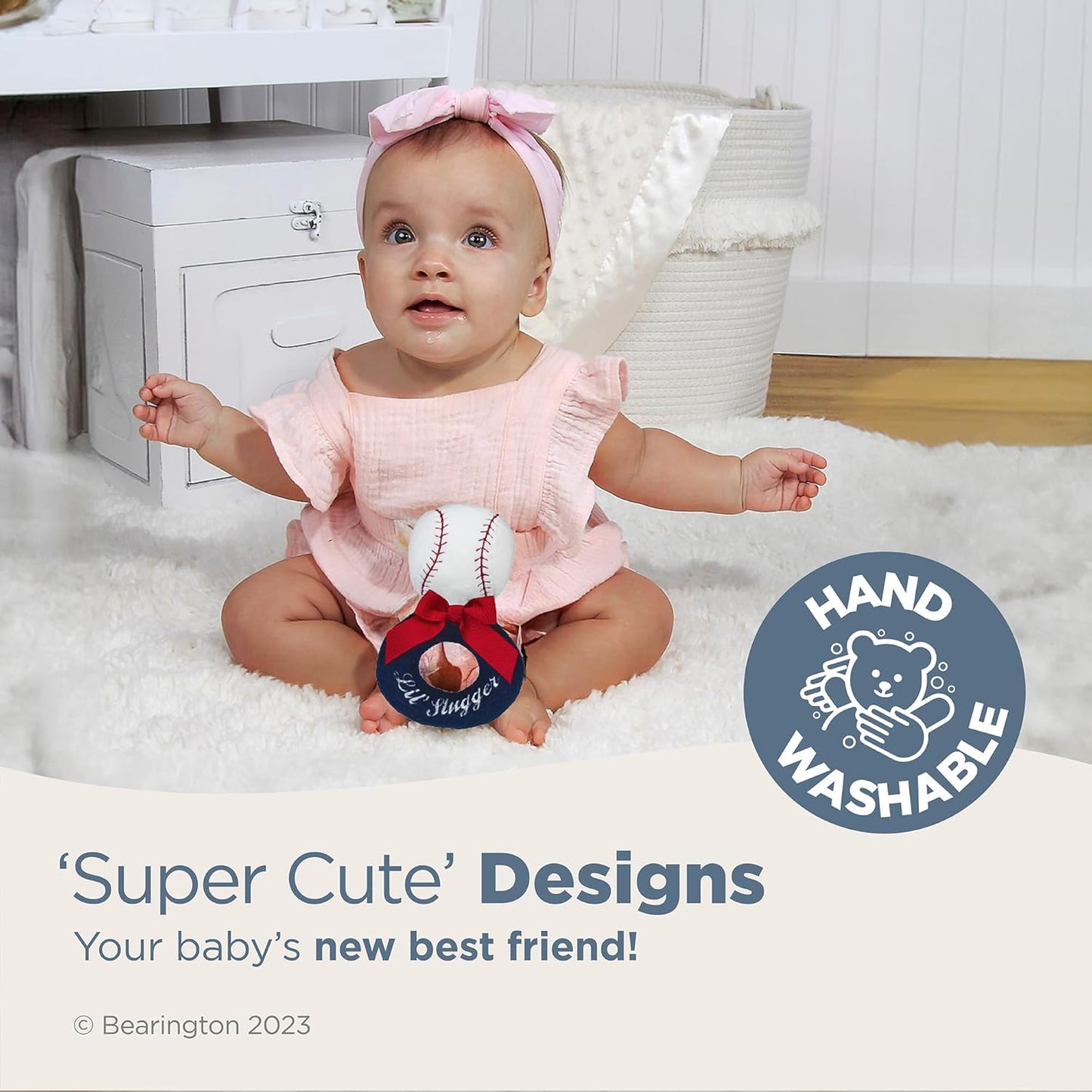 Bearington Baby Lil’ Slugger, 5.5 Inch Red, White and Blue Plush Stuffed Baby Baseball Soft Ring Rattle - Baseball Toys