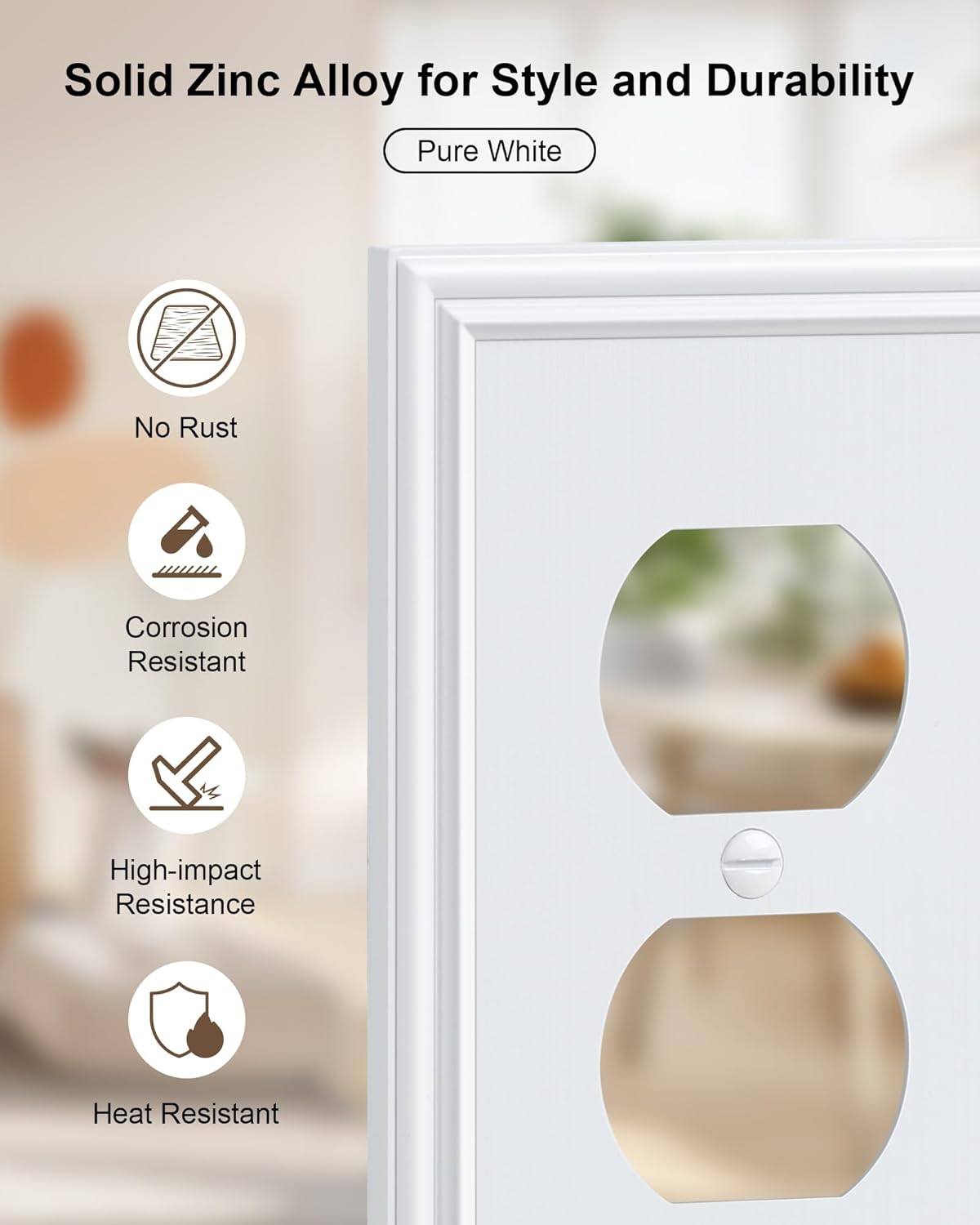 4-Pack Duplex Outlet Cover, Durable Solid Zinc Alloy Decorative Switch Plates and Outlet Covers, Pure White Wall Plates for Electrical Outlets, 1 Gang Receptacle Cover, Corrosion Resistant