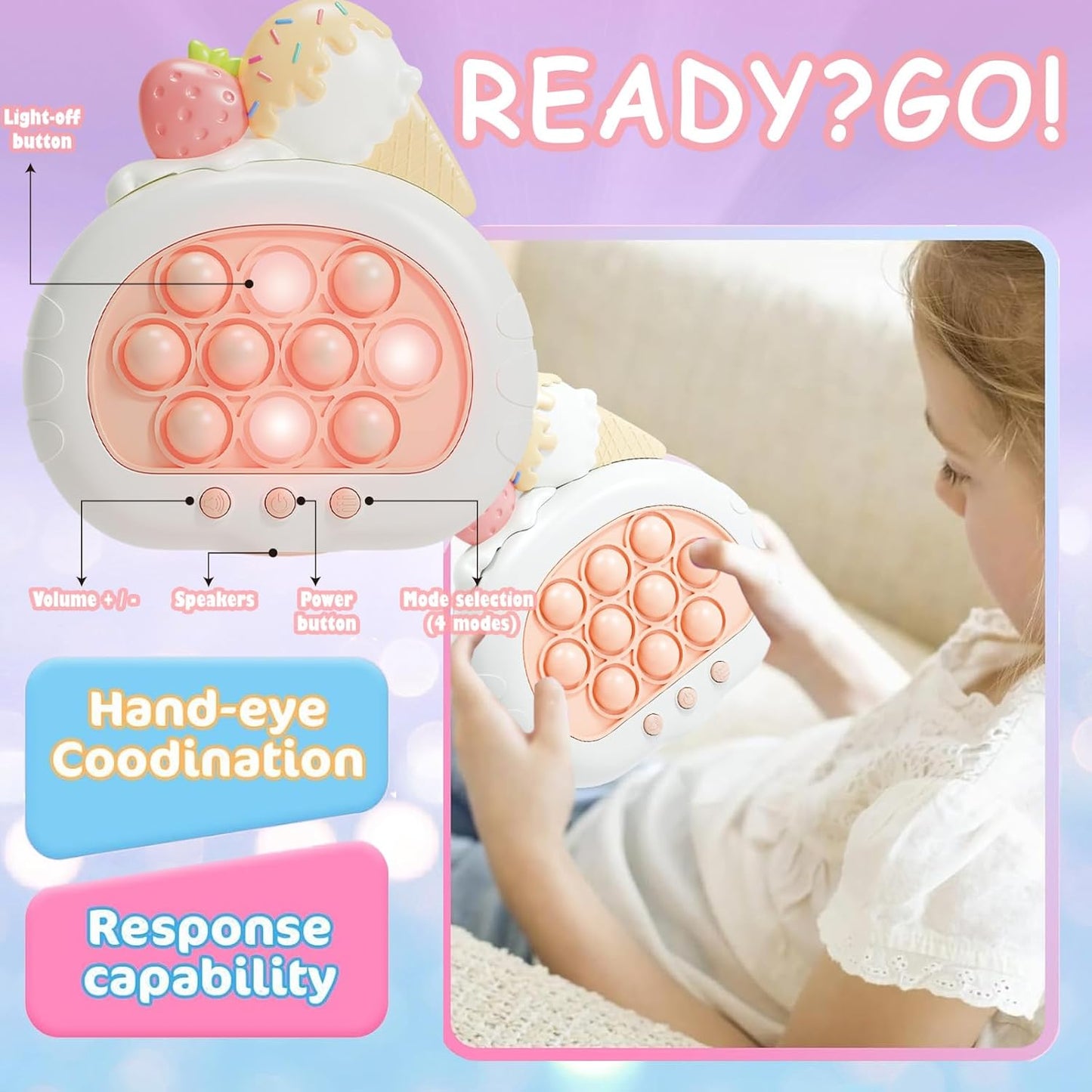 Stress Relief Toys, Decompression Breakthrough Puzzle Pop Button Gopher Handheld Game Machine, Novelty Fidget Toys Party Favor Gifts for Kids Adults (Ice Cream)