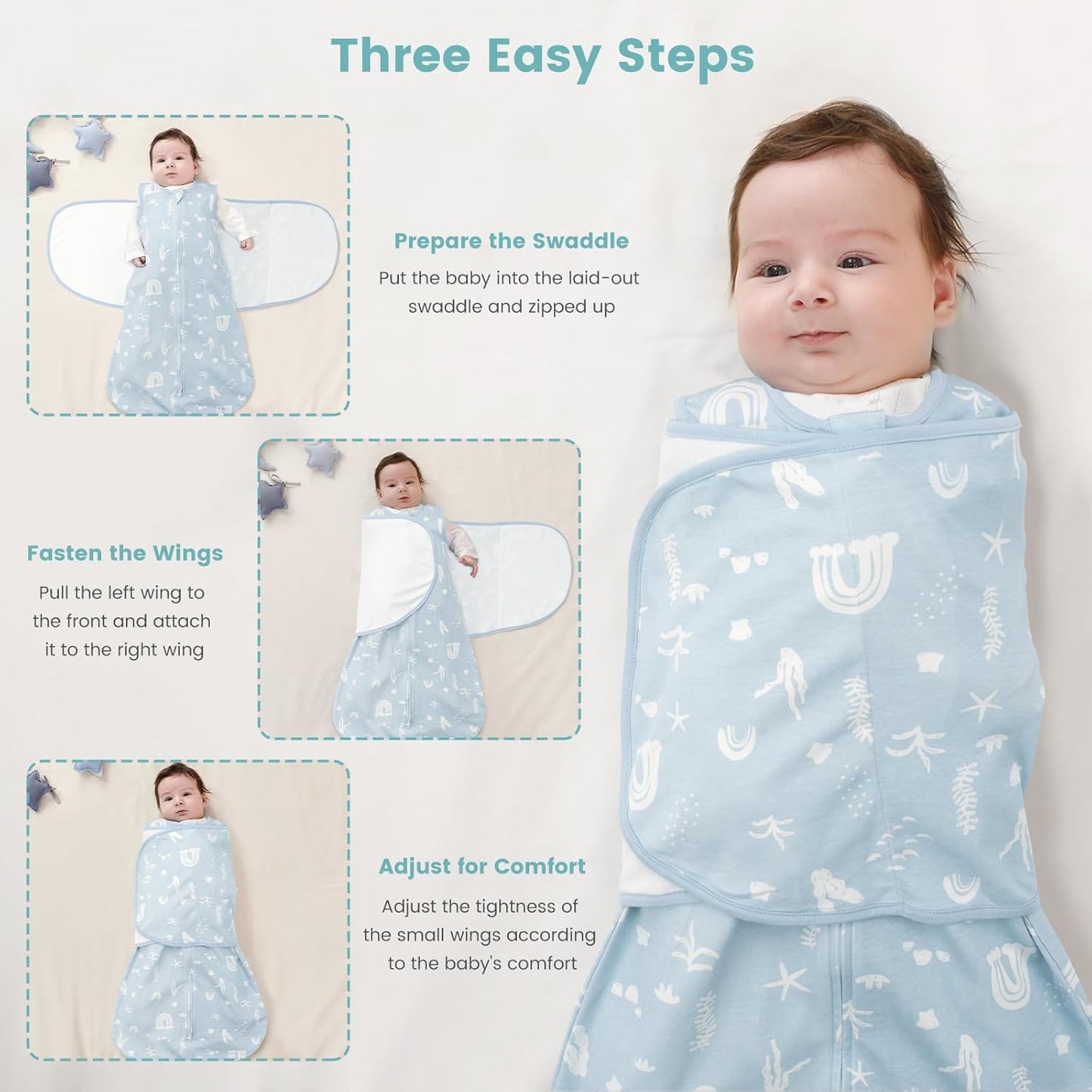 Baby Swaddle Sleep Sack 1.0 Tog 3-in-1 Cotton Baby Swaddle Blanket Wrap for Newborns 6-12 Months Seabed World
