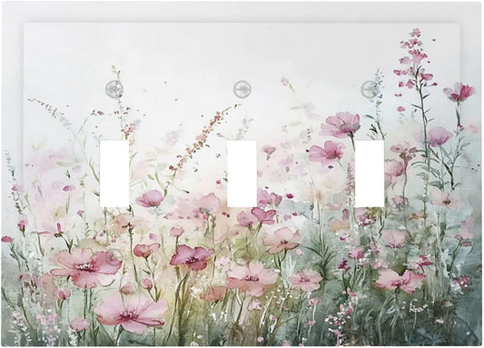 Decorative Switch Plates Wildflower Botanical Watercolor Floral 3 Gang Wall Plate Triple Toggle Light Switch Cover Faceplate Electrical Wall Panels For Bed Room Living Room Decor