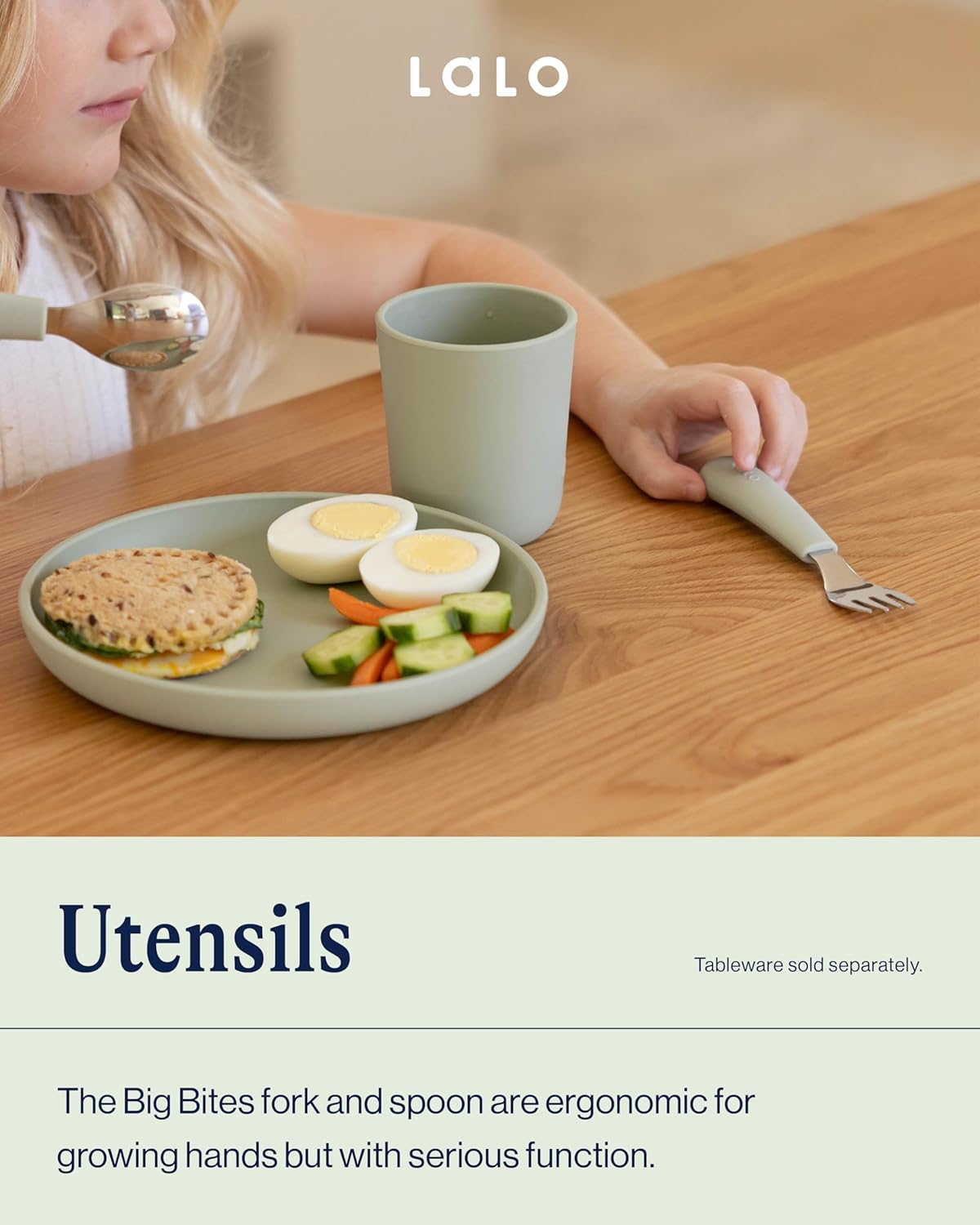 Lalo Utensils - Toddler Fork and Spoon Set - Stainless Steel and Silicone Ergonomic Toddler Utensils - Children Safe Flatware Set - 2 Pieces - Lavender