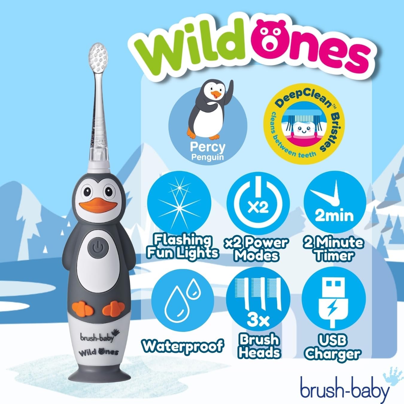 brush-baby WildOnes Kids Electric Rechargeable Toothbrush Penguin, 1 Handle, 3 Brush Heads, USB Charging Cable, for Ages 0-10 (Penguin)