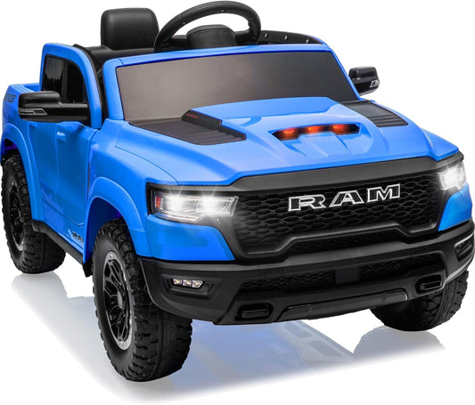 12V Kids Electric Vehicles, Licensed Ram 1500 RHO Kids Ride on Truck with Remote Control, Ride on Car for Children with Smooth Start, Truck Bed Storage, Bluetooth, Aux Port (Blue)