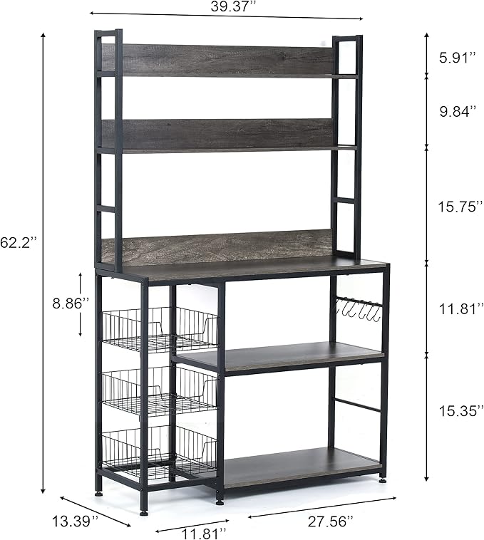 Kitchen Bakers Rack with Baskets,Free Standing Shelf,5-Tier Kitchen Utility Storage Shelf with Hooks, Microwave Oven Stand Rack Grey