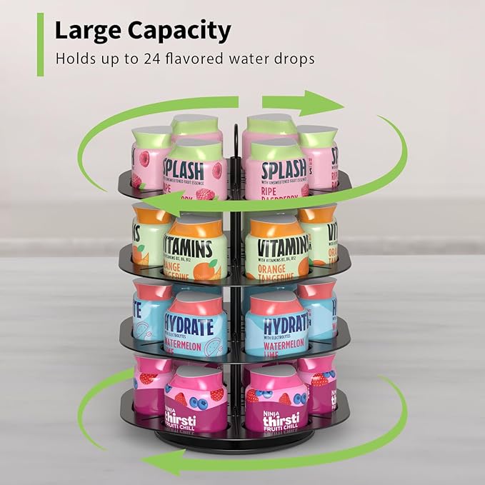 Flavor Pods Storage Holder, Turntable 360° 4-tier Flavored Water Drops Organiser, Compatible with Ninja Thirsti Drink System, Space-Saving Design, Easy to Access,Holds 24 Flavor Pods