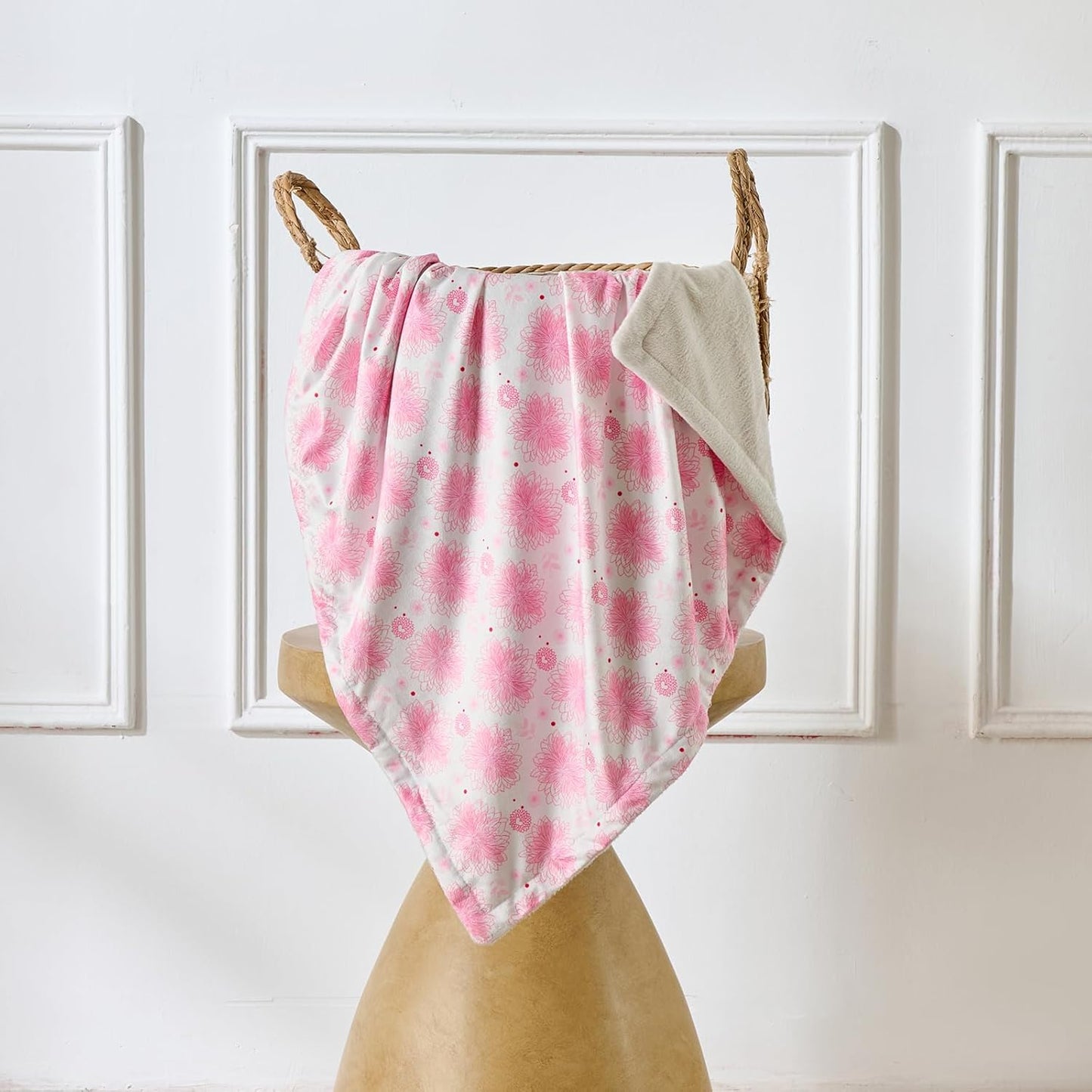 Baby Blanket 30x40 Inches Soft Double Layer Fleece Blanket with Beautiful Pink Line Flower Gender Neutral Crib Blanket for Infant, Toddler, Newborn Baby Girl or Boy Shower Gift