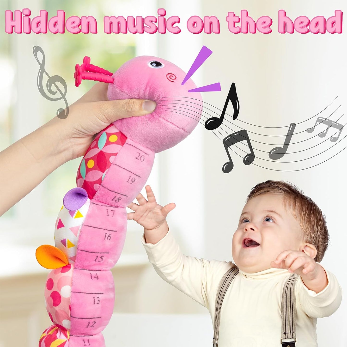 LIGHTDESIRE Baby Toys Musical Caterpillar,Infant Stuffed Animal Toy with Crinkle and Rattles,Soft Sensory Toys with Textures for Tummy Time Newborn Boys Girls 0 3 6 12 Months(Pink)