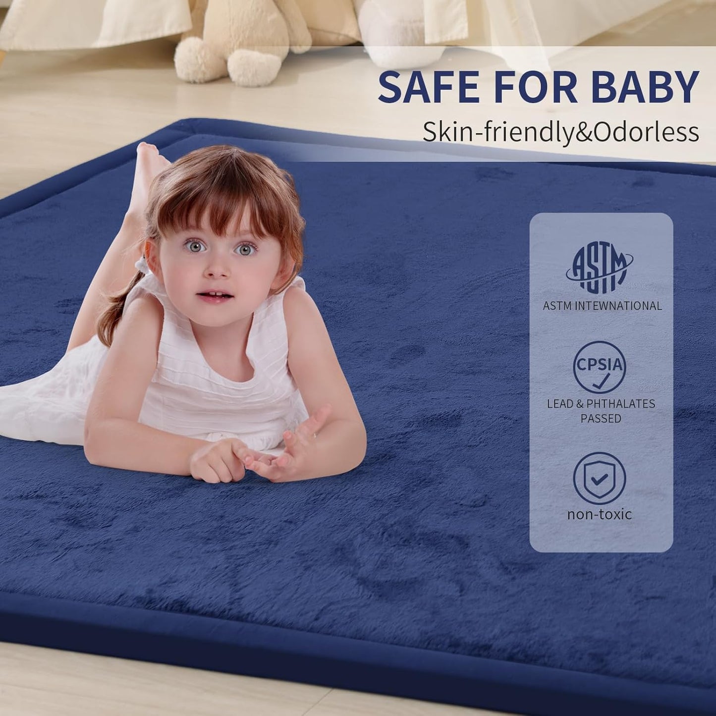 ACOMOPACK Baby Play Mat for Floor 1.3" Thick Memory Foam Play Mat 39"×59" Tummy Time Crawling with Non-Slip Bottom for Living Room,Nursery,Soft Velvet Playpen Mats for Kids,Infants（Royal Blue）