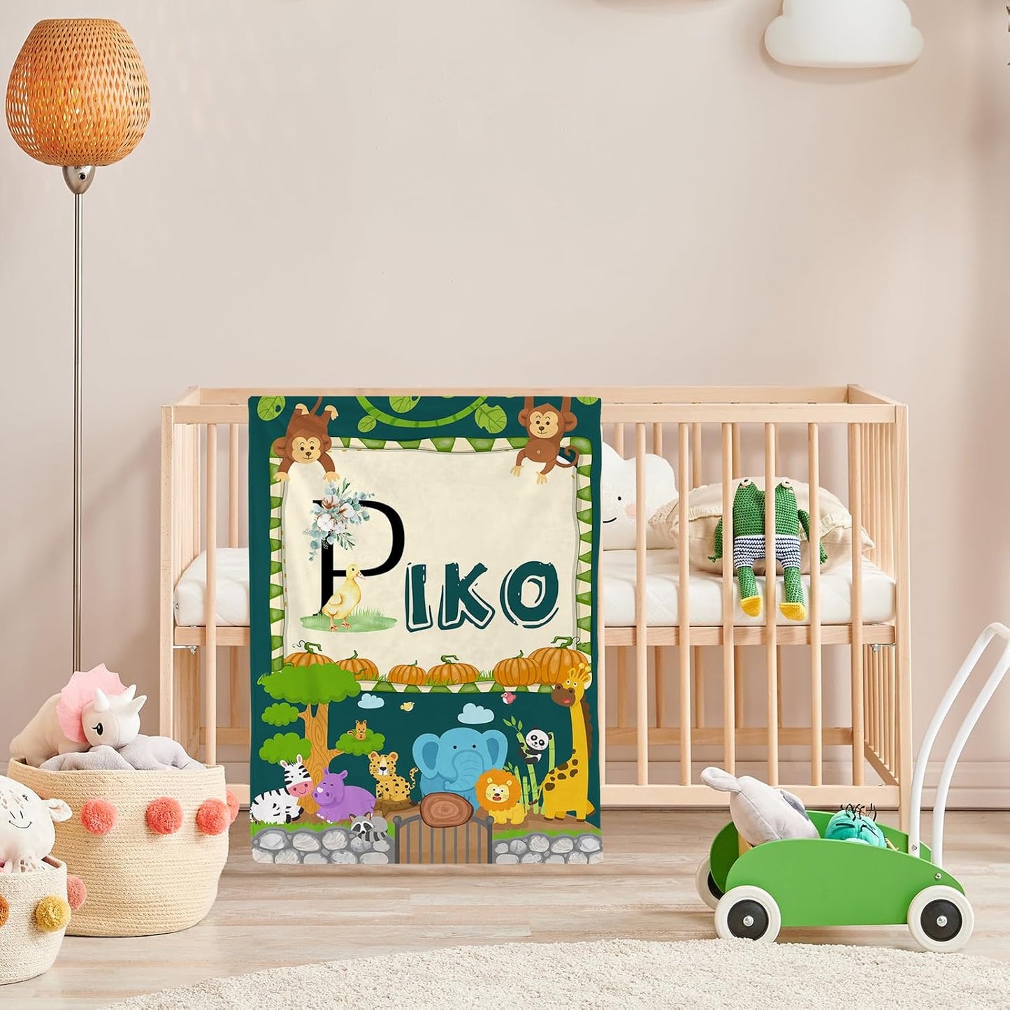 Personalized Cute Animals Name Blanket, Custom Monogram Name Blankets Elephant Monkey Toddler Boy Soft Flannne Swaddling Blankets Customized Memorial Gift for Infant Newborn Shower