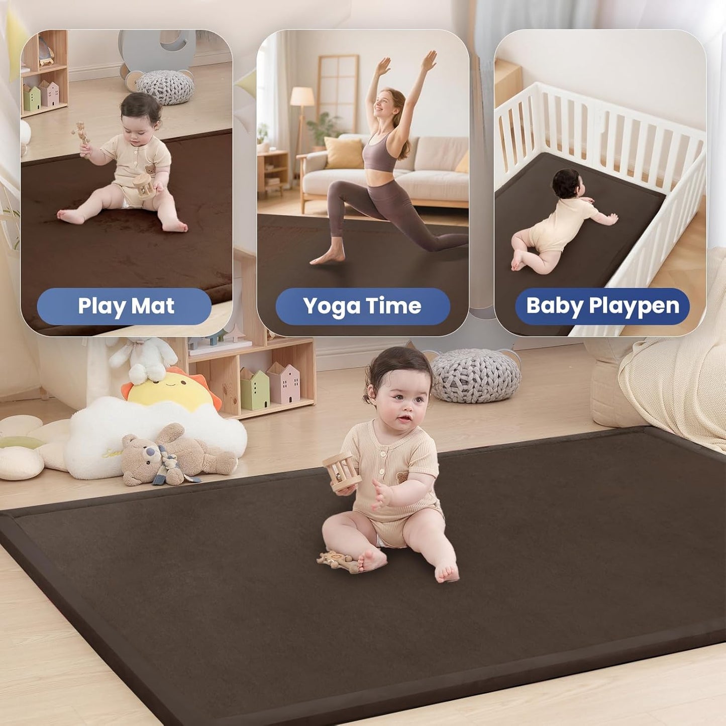 Baby Play Mat for Floor,1.3" Thick Memory foam Tummy Time Mat,Water Repellent Soft Velvet Nursery Rug,Extra Large Non Slip for Crawling,Toddlers,Infants,kids,Tatami Style for Living Room(Dark Brown)
