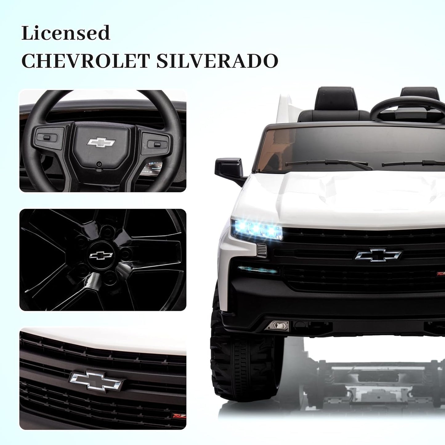 Hetoy 24V 2-Seater Truck Licensed Chevrolet Silverado Ride On Car Toy w/Parent Remote Control,4xSpring Suspension, 3 Speeds, Wireless Music, MP3 Player, Electric Vehicle Car for Kids, White