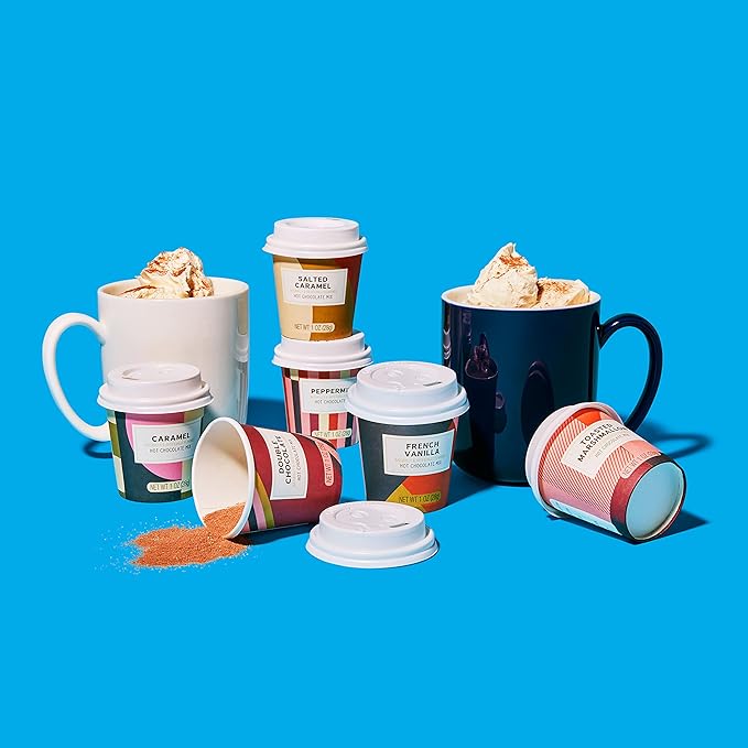 Bombombs Hot Chocolate Mix Gift Set in Mini Cup Packaging, Flavors Include Double Chocolate, French Vanilla, Peppermint, Salted Caramel and More, Set of 6