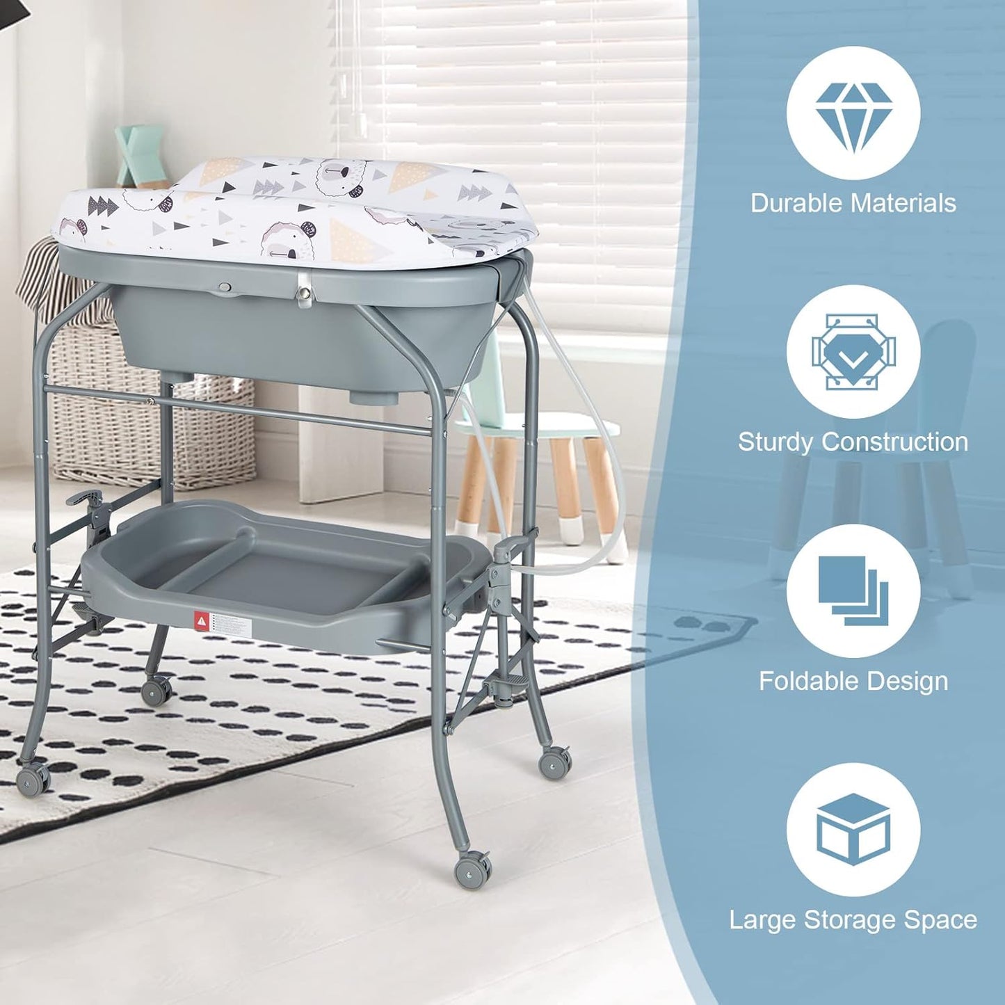 HONEY JOY Baby Changing Table with Bathtub, Foldable Infant Diaper Changing Station with Wheels, Storage Tray, Waterproof Pad, Portable Newborn Nursery Organizer Bath Stand for Boys Girls (Gray)
