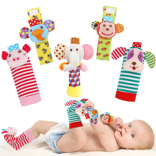 BLOOBLOOMAX Wrist Rattles Foot Finder Rattle Sock Baby Toy,Rattle Toy,Arm Hand Bracelet Rattle,Feet Leg Ankle Socks,Activity Rattle Present Gift for Newborn Infant Babies Boy Girl Bebe (5pcs-E)