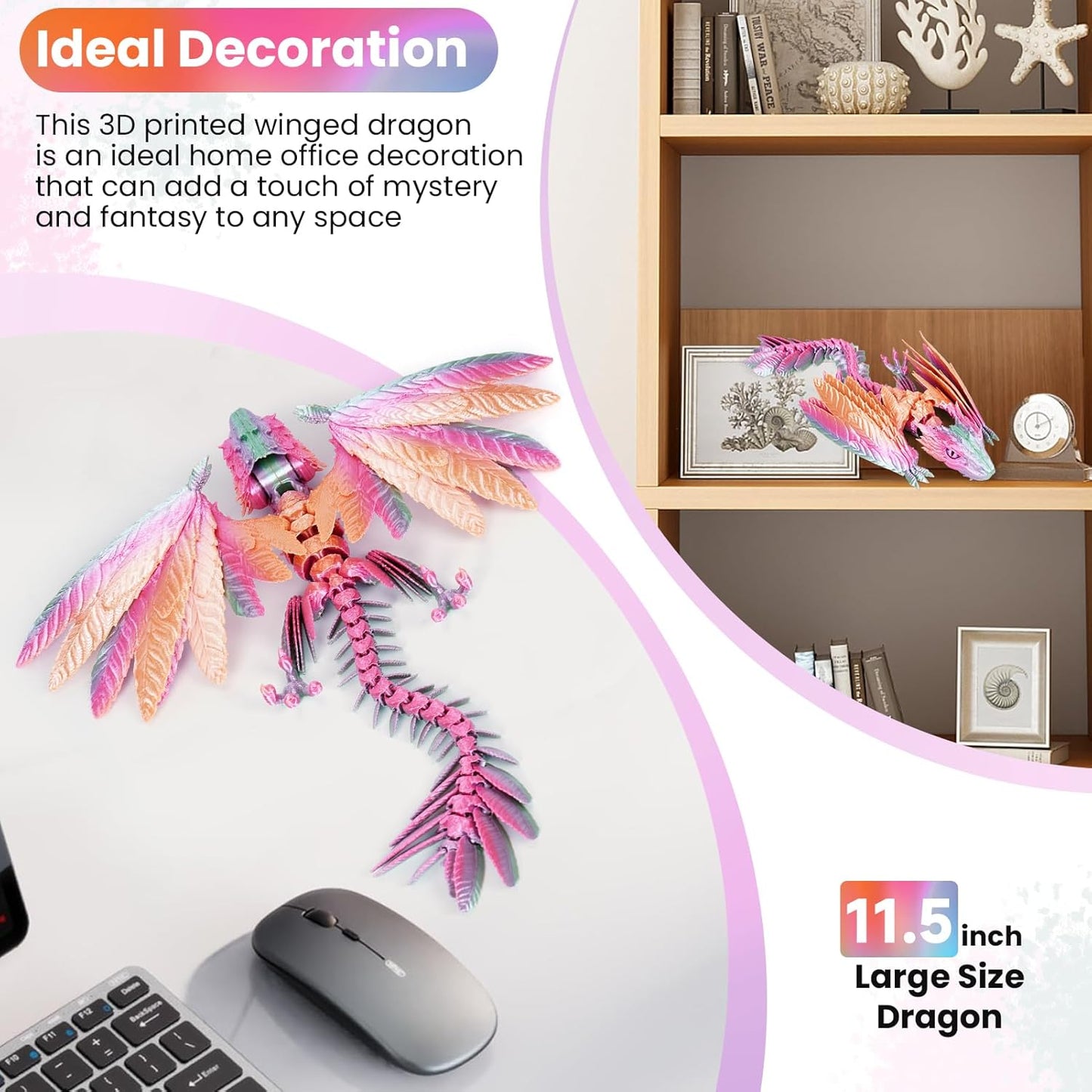 3D Printed Dragon with Wings,3D Printed Animals Toy,Crystal Dragon Fidget Toys,Full Articulated Dragon Crystal Dragon,Adults Fidget Toys for Autism ADHD