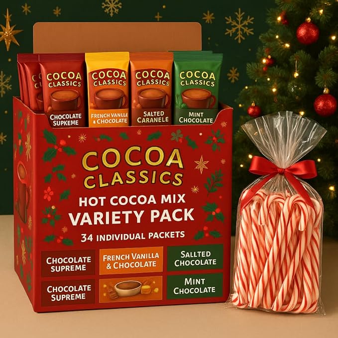 Hot Chocolate Cocoa Mix Variety Gift Pack – 34 Individual Packets – French Vanilla, Salted Caramel, Mint & Chocolate Supreme Flavors – Instant Hot Cocoa Mix – Christmas Holiday Gift with Candy Canes