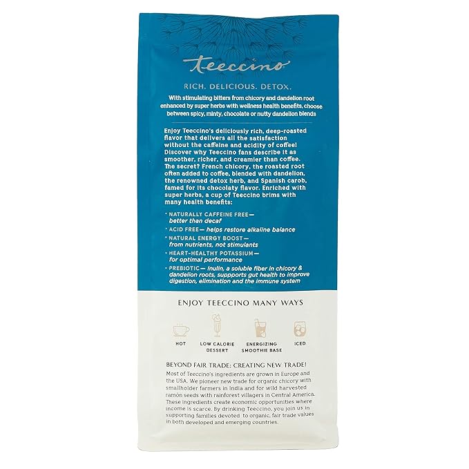 Teeccino Dandelion Turmeric Herbal Coffee - Caffeine-Free Coffee Alternative with Prebiotics, Gluten Free, Acid Free, Organic - Medium Roast, 10 oz