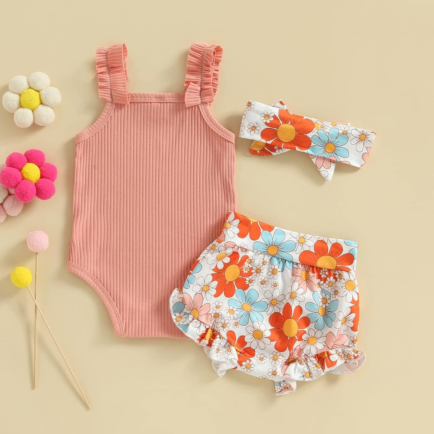 fhutpw Baby Girl Clothes Summer Cute Outfits 3 6 12 18 Months Spaghetti Strap Romper & Floarl Shorts Sets