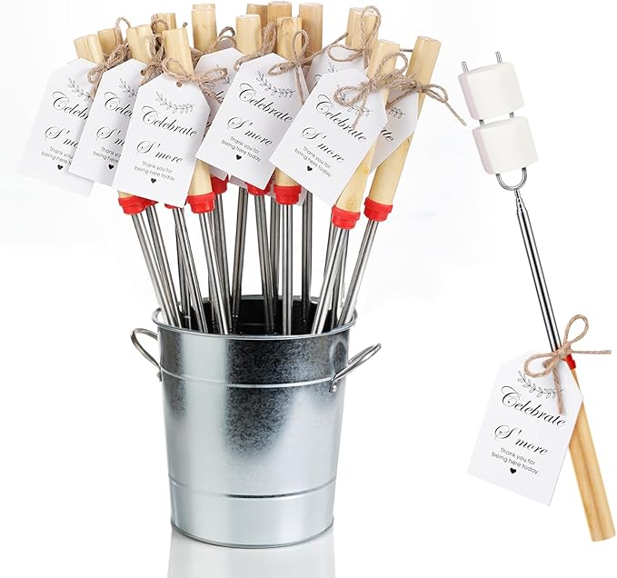 24 Sets S'mores Party Favor Includes Smores Sticks for Fire Pit Celebrate Smore Birthday Party Favors Tags with String Extendable Marshmellow Sticks Smores Skewers for Wedding Camping