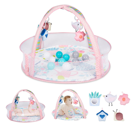 Baby Play Mat, 4-in-1 Baby Play Gym Tummy Time Mat with Ball Pit and 5 Detachable Toys for Newborn to Develop Sensory Exploration and Motor Skill 0-6-12 Months