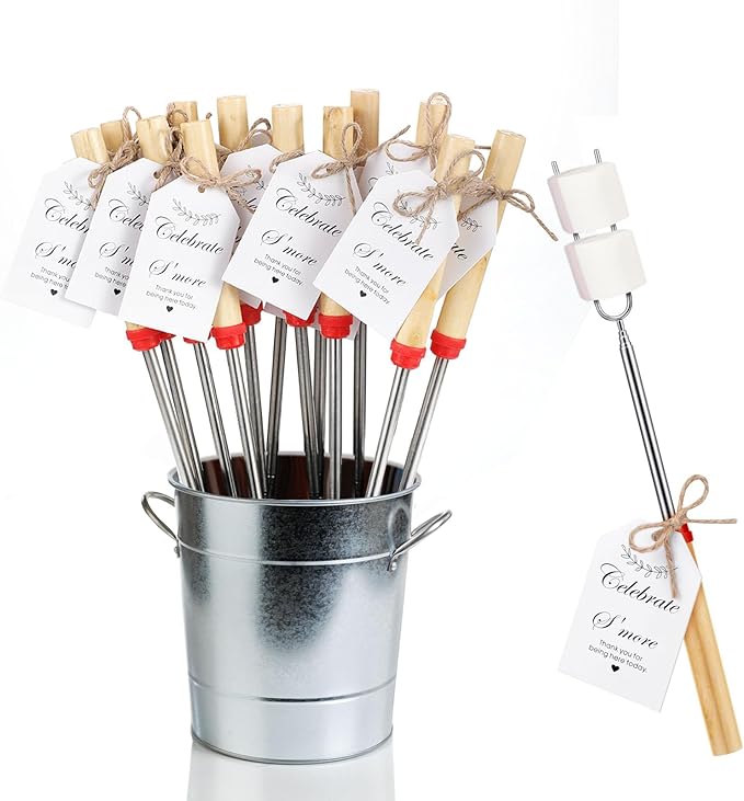 12 Sets S'mores Party Favor Includes Smores Sticks for Fire Pit Celebrate Smore Birthday Party Favors Tags with String Extendable Marshmellow Sticks Smores Skewers for Wedding Camping