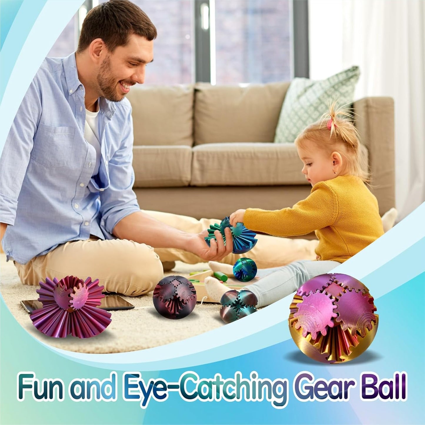 Gear Ball - GearSphere Fidget Toy, 3D Printed Gear Ball Spin Ball Cube Desk Toy, 2024 Gear Sphere Cube Puzzlefor Adults Kids, Stress and Anxiety Relaxing Fidget Toy (Red-Gold-Purple)