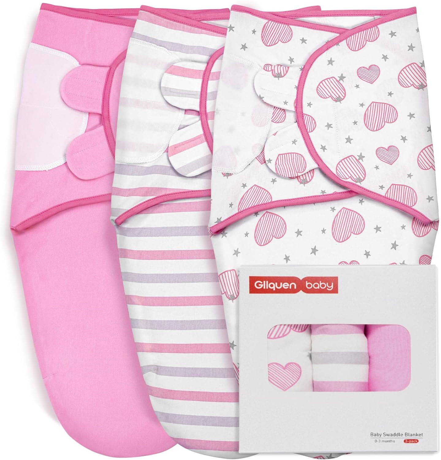 GLLQUEN BABY Swaddles for Newborns - 3 Pack Baby Adjustable Swaddle Sleep Sack for Boys and Girls 0-3 Months,Baby Wrap Swaddle Sack, Stripe & Heart, Nursery Essentials
