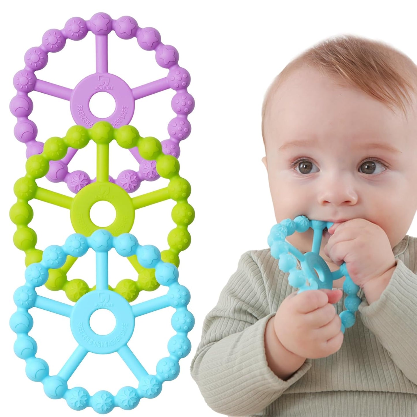 3 Pack Ring Teether Baby Infant Toys, Silicone Teething Ring Toys for Babies 0-6 Months, Seposeve Baby Teethers 6-12 Months 12-24 Months, Easy to Grasp Toy, Teething Relief, Light Purple Green Blue