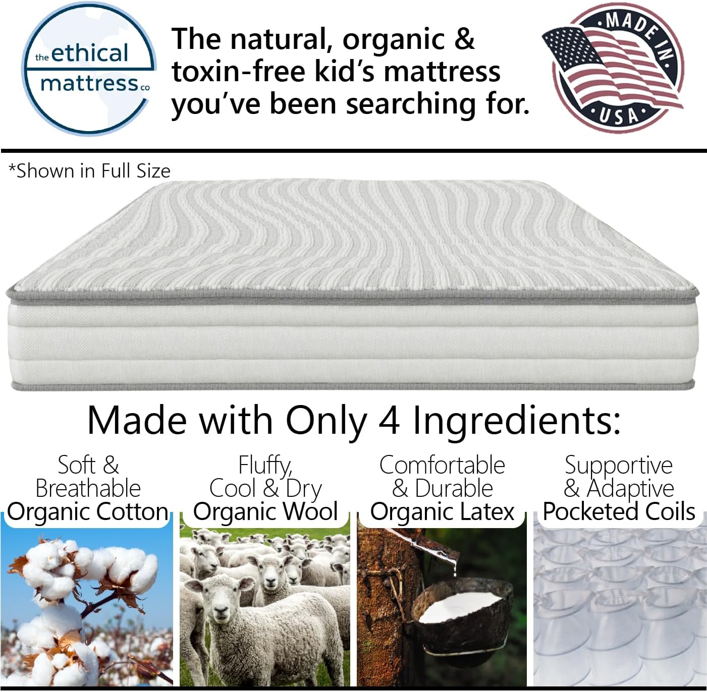 ETHICAL MATTRESS CO 6" Kid’s Mattress, Toxin-Free, Made in the USA with Organic Cotton, Wool, Latex & Pocketed Coils (Mattress-in-a-Box); perfect for bunk beds, trundles & platform beds - Twin XL size